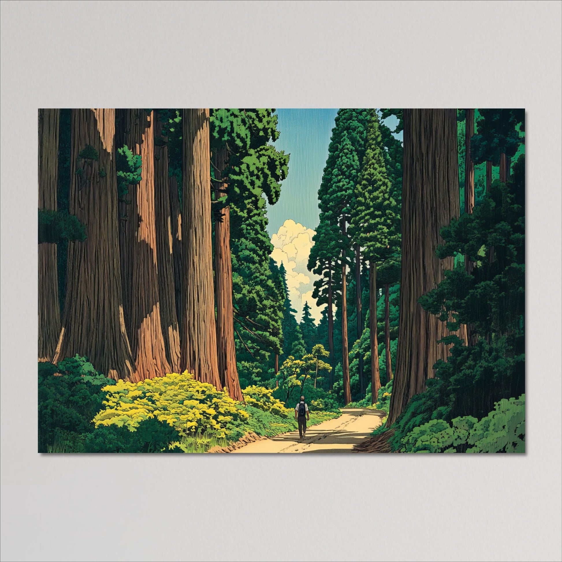 A person is walking along a path through a lush, green forest with towering trees on either side.