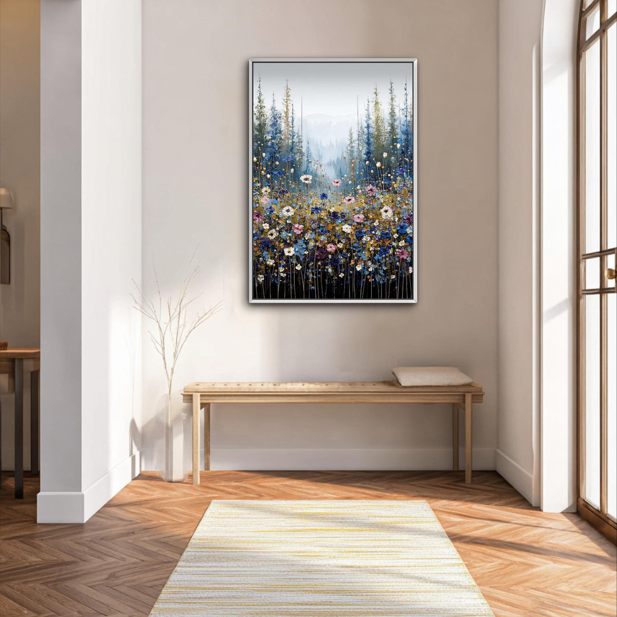 a large painting of a field of flowers hanging on a wall in a room with a wooden bench and a rug.
