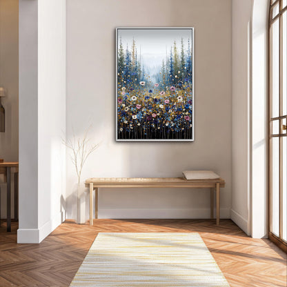 a large painting of a field of flowers hanging on a wall in a room with a wooden bench and a rug.