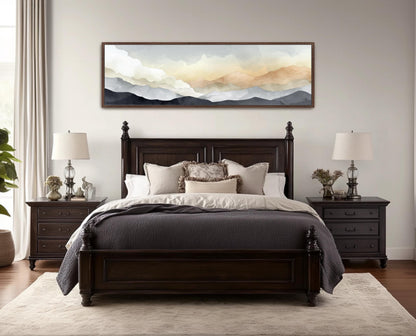 a serene bedroom scene with a large bed, dark wood furniture, and a large painting of a mountain landscape above it.