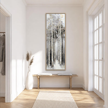 a serene and minimalist hallway with a large painting of a forest scene hanging on the wall. The hallway is well-lit, with natural light streaming in from the windows on the right side. A wooden bench is placed in the center of the hallway, and a white vase with dried flowers is positioned on the left side. The overall atmosphere of the hallway is calm and peaceful, with a sense of tranquility and harmony.