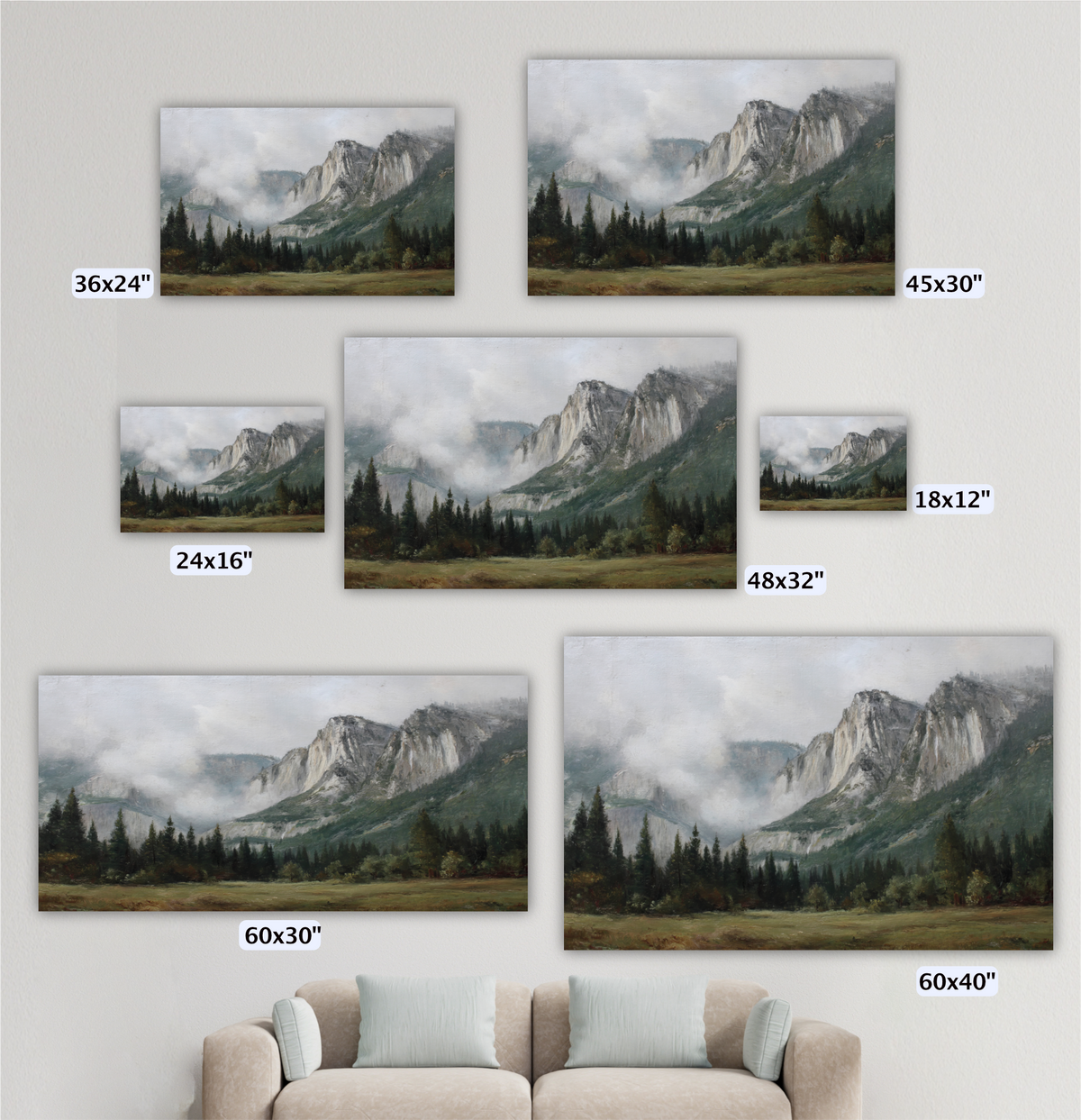 a collection of landscape paintings or photographs depicting mountainous scenes, including forests, mountains, and foggy conditions. The paintings vary in size, with some being larger than others, and are arranged on a wall.