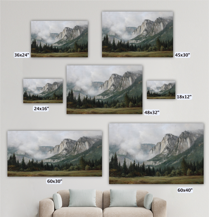 a collection of landscape paintings or photographs depicting mountainous scenes, including forests, mountains, and foggy conditions. The paintings vary in size, with some being larger than others, and are arranged on a wall.