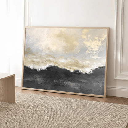a large, framed painting of a landscape with a mountain range in the background, displayed on a wall in a room with a wooden floor and a beige rug.