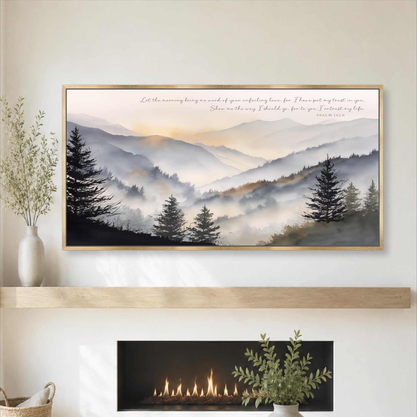 a serene mountain landscape with a fireplace and a potted plant in the foreground.