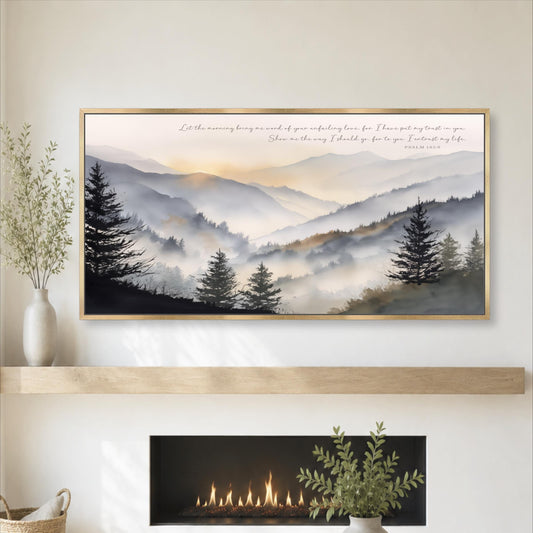 a serene mountain landscape with a fireplace and a potted plant in the foreground.