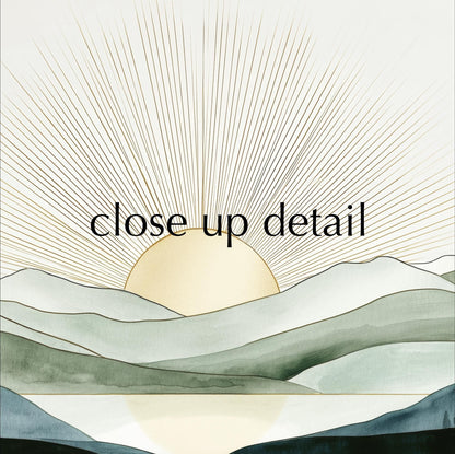 a serene landscape with a sun rising over a mountain range, casting a warm glow across the scene.