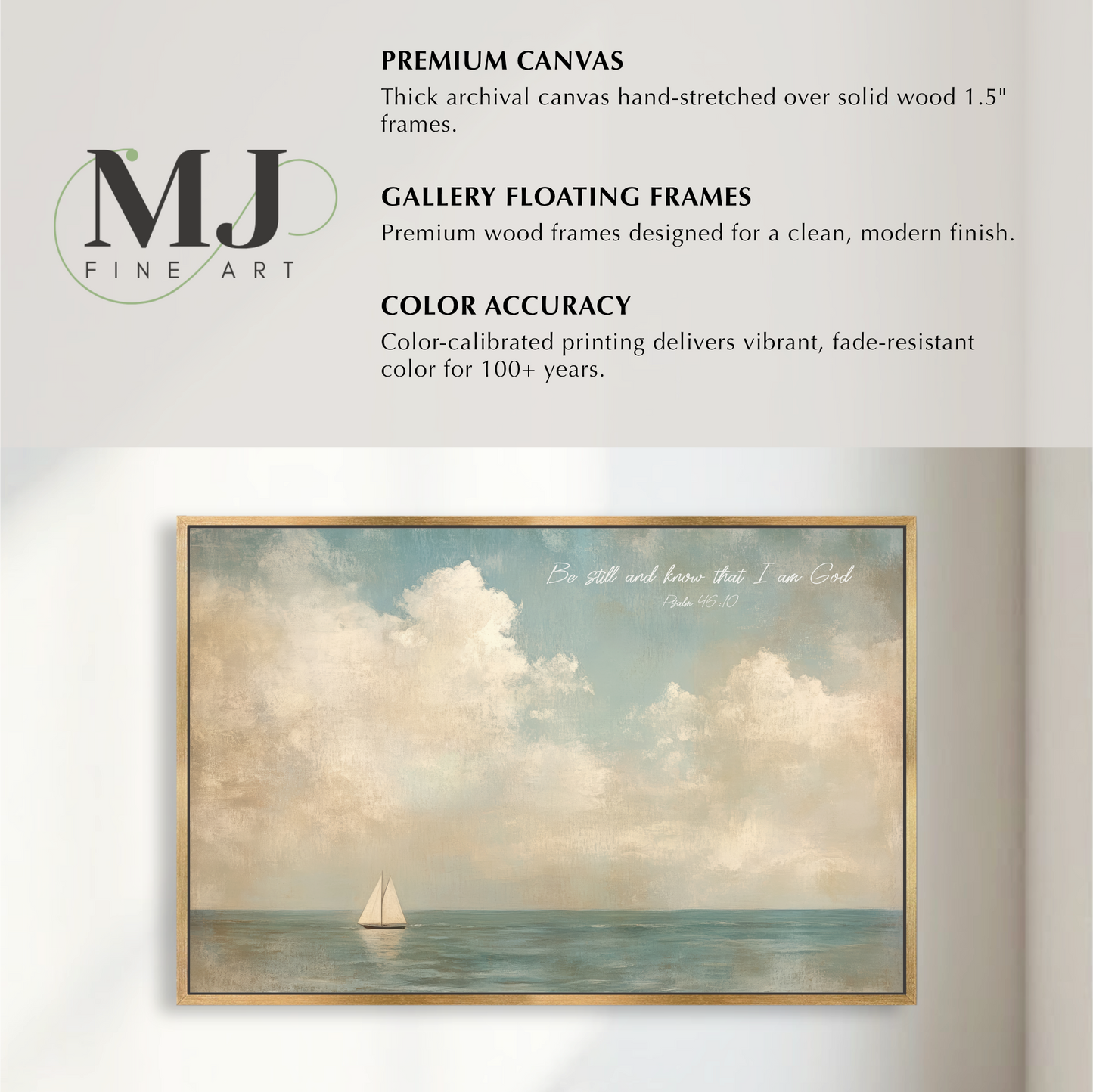 The image is a collage of two framed artworks. The top frame is a premium canvas hand-stretched over solid wood 1.5" frames, while the bottom frame is a gallery floating frame designed for a clean, modern finish. The artworks are color-accurate, delivering vibrant, fade-resistant color for 100+ years.