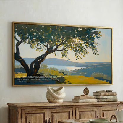 a large painting of a tree with a blue sky and mountains in the background, hanging on a wall above a wooden cabinet.