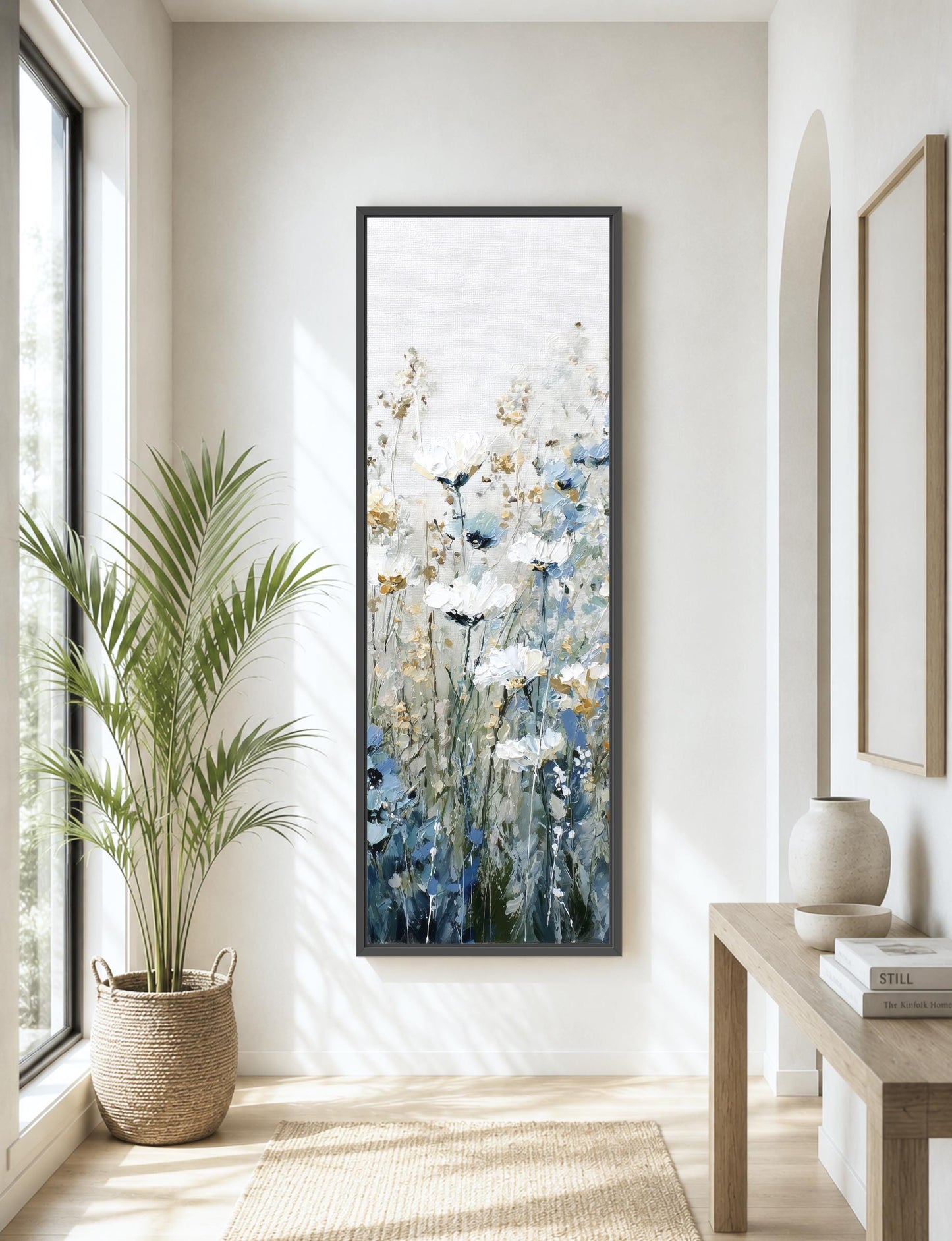 tall floral art, botanical decor, wildflower print, blue blossom, vertical canvas, garden artwork, cottage style, hallway accent, nature inspired, farmhouse wall, neutral palette, framed painting, bedroom decor flower artwork, botanical wall art, vertical artwork, canvas print, framed decor, nature theme, wildflower painting, floral landscape, soft blue tones, tall wall hanging