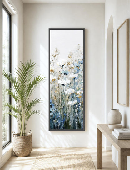 tall floral art, botanical decor, wildflower print, blue blossom, vertical canvas, garden artwork, cottage style, hallway accent, nature inspired, farmhouse wall, neutral palette, framed painting, bedroom decor flower artwork, botanical wall art, vertical artwork, canvas print, framed decor, nature theme, wildflower painting, floral landscape, soft blue tones, tall wall hanging