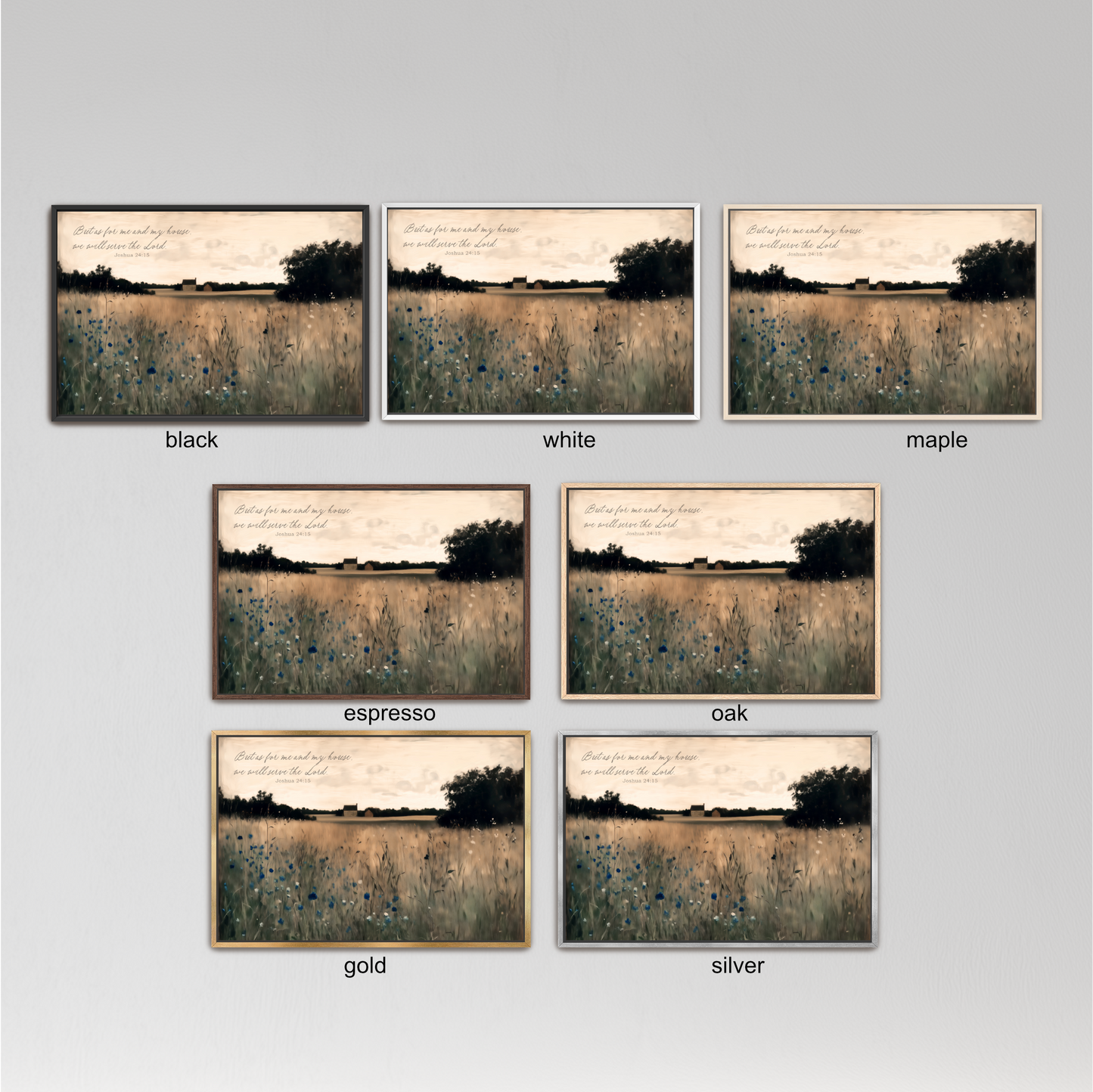 six different framed pictures of a field with trees and a sky background, each with a different color frame.