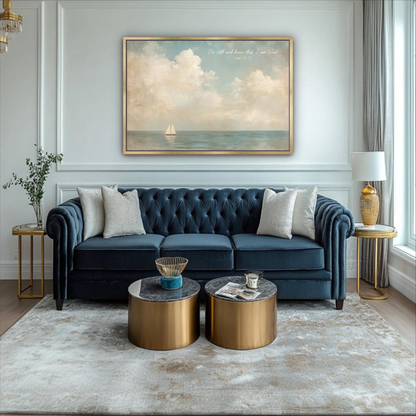 a living room with a blue tufted sofa, two round coffee tables, and a large painting of a sailboat on the wall.