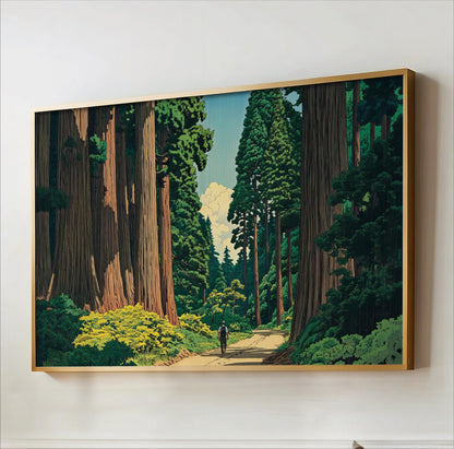 A person is walking down a path through a lush, green forest with towering trees on either side.