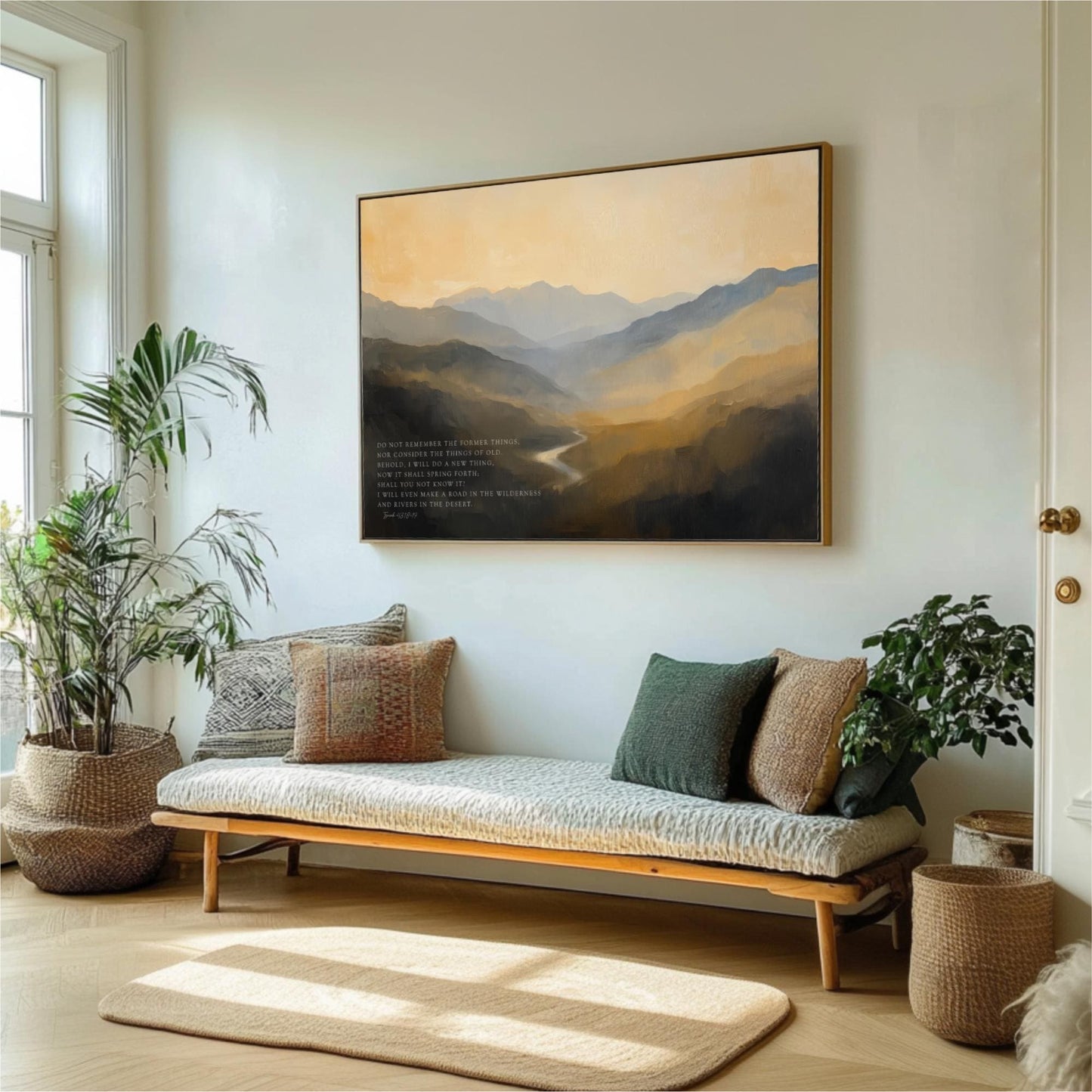 a living room with a large painting of a mountain landscape hanging on the wall above a wooden bench with pillows. The room is decorated with potted plants and a rug, creating a cozy and inviting atmosphere.