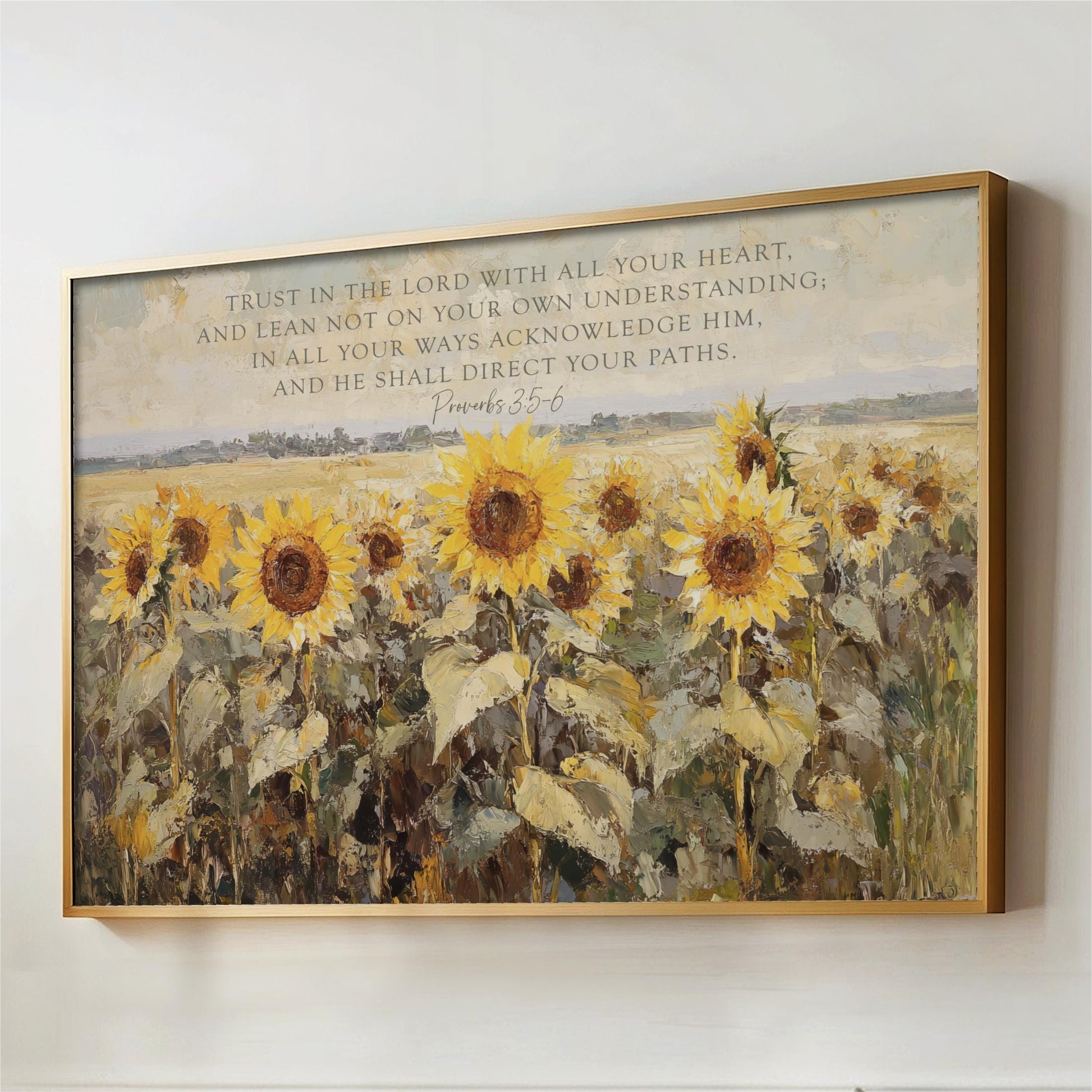 a painting of a field of sunflowers with a bible verse