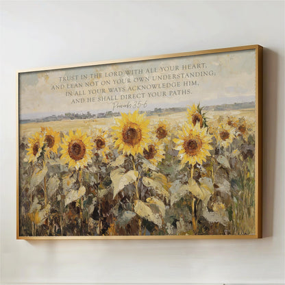 a painting of a field of sunflowers with a bible verse