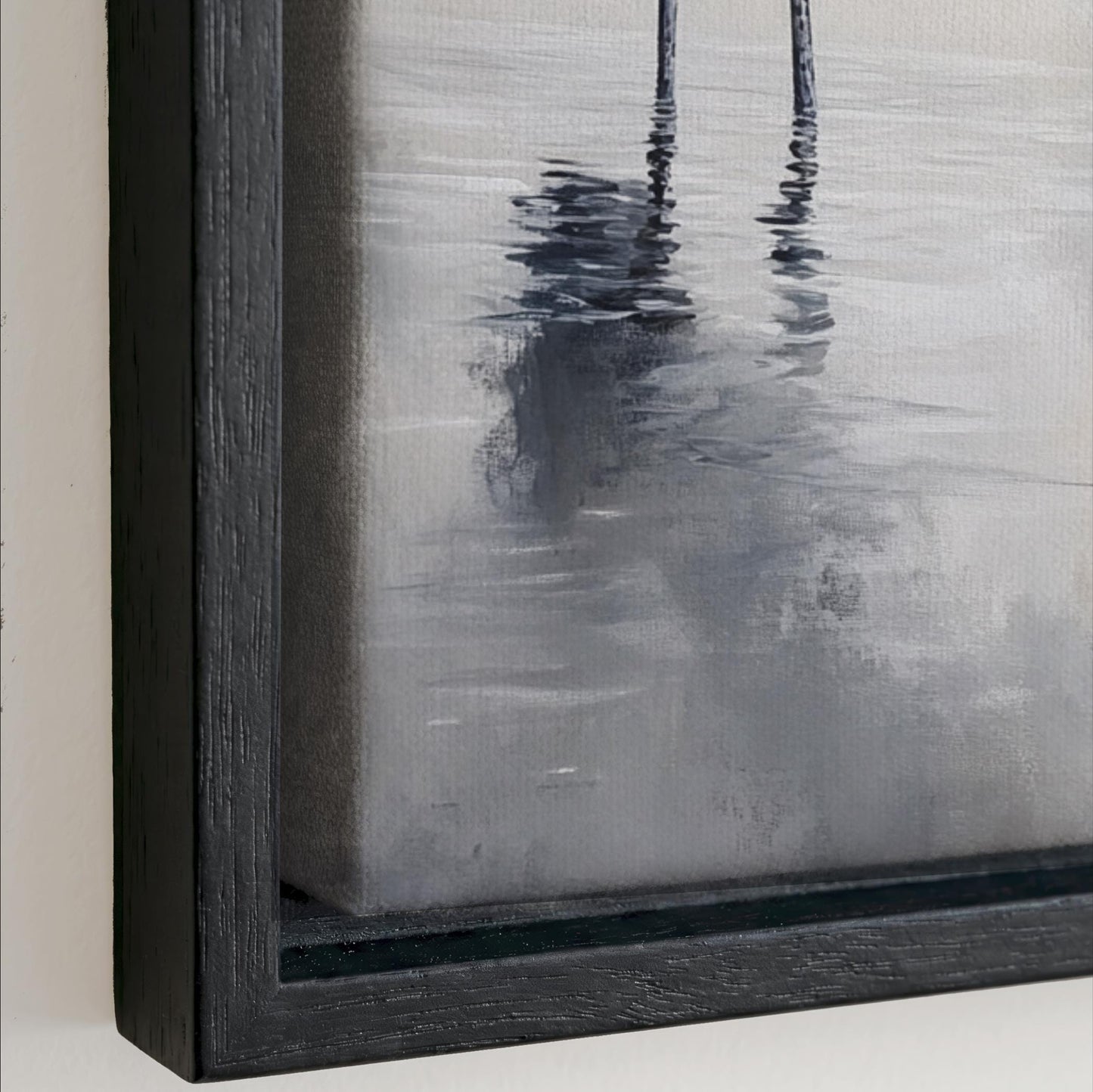 The image is a painting of a serene scene with two tall, slender poles standing in the water, creating a sense of reflection and tranquility.