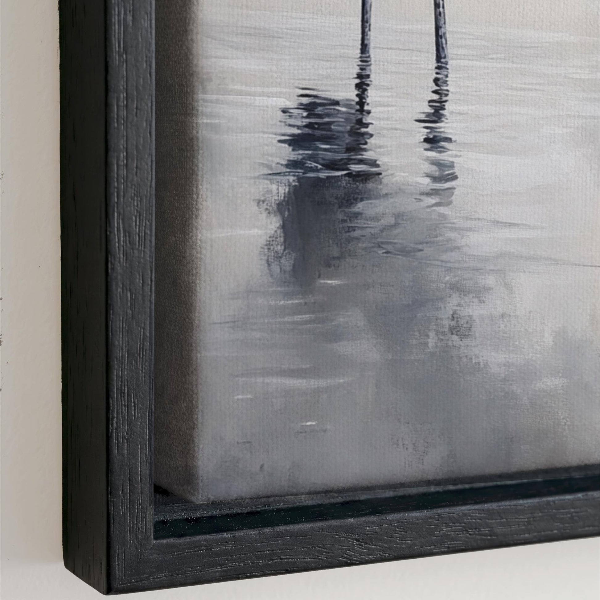The image is a painting of a serene scene with two tall, slender poles standing in the water, creating a sense of reflection and tranquility.