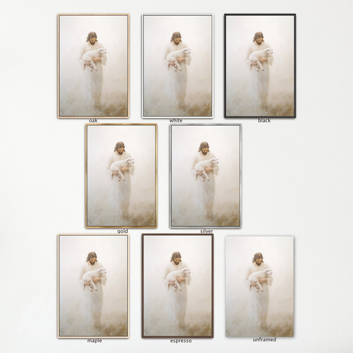 a collage of nine identical images of a person holding a lamb, each in a different color frame.