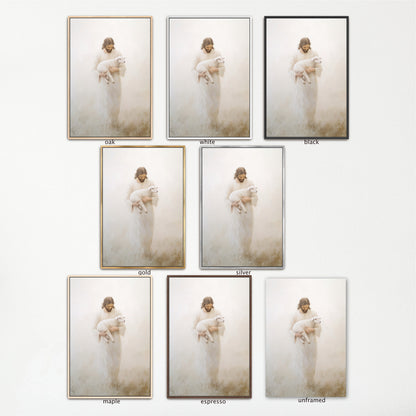 a collage of nine identical images of a person holding a lamb, each in a different color frame.