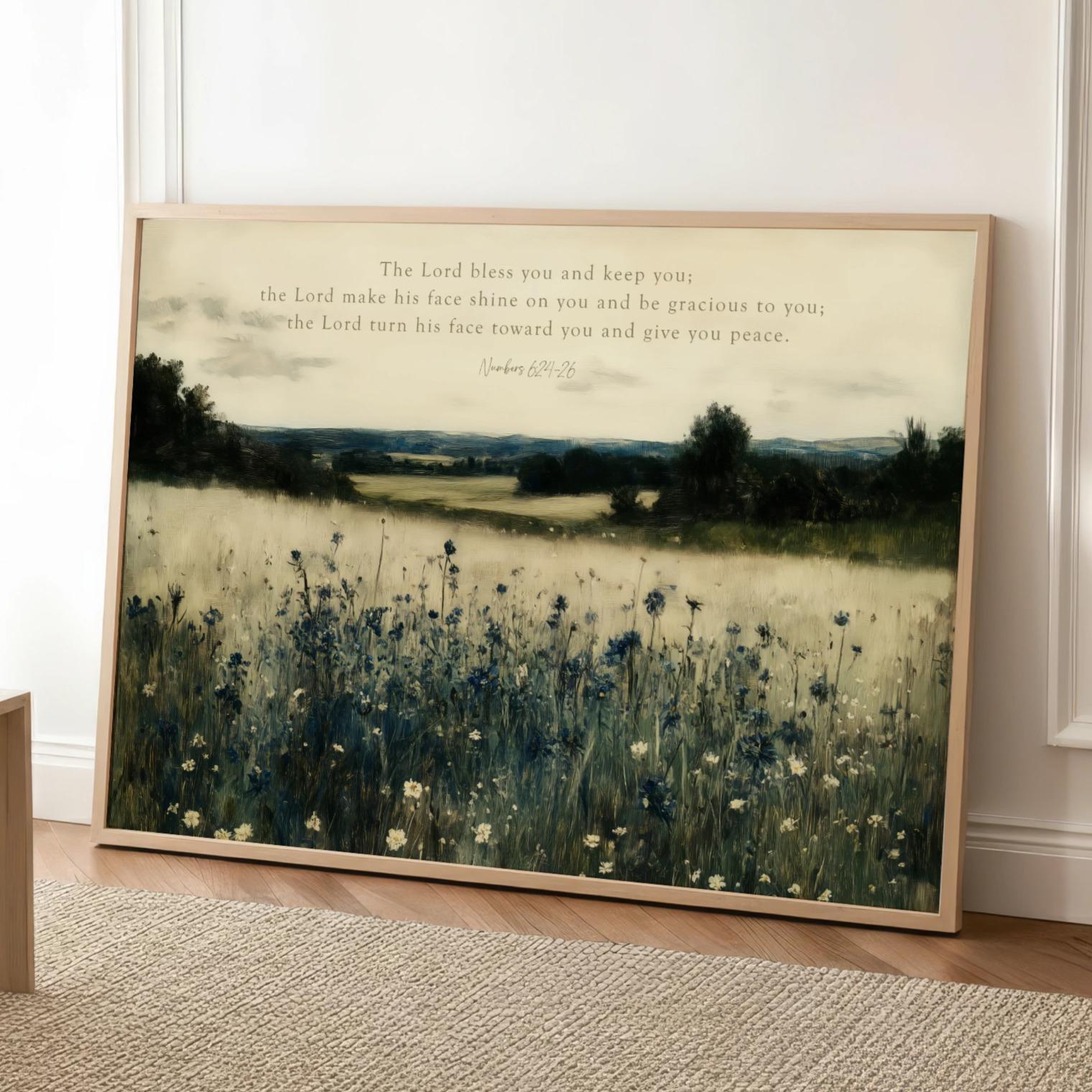 The Lord Bless You Scripture Art Numbers 6:24-26, Vintage Landscape Wildflowers, Framed Canvas Print Meadow Trees, Christian Decor