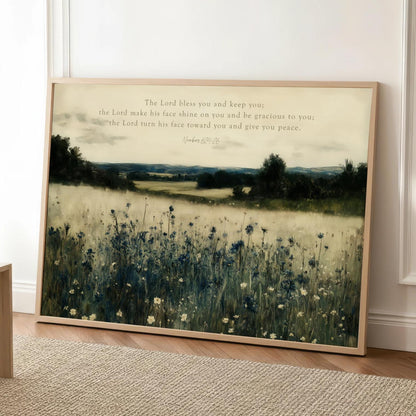 The Lord Bless You Scripture Art Numbers 6:24-26, Vintage Landscape Wildflowers, Framed Canvas Print Meadow Trees, Christian Decor