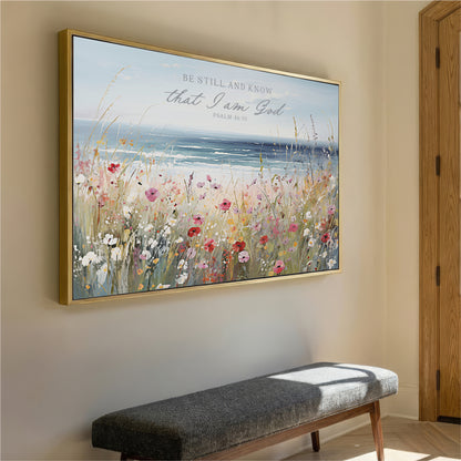 a large framed painting of a field of flowers hanging on a wall, with a bench below it.