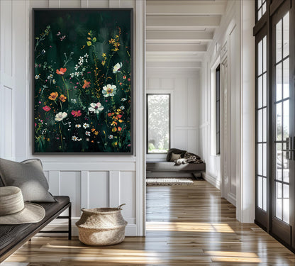 a bright and airy living room with a large floral painting on the wall, a sofa, a basket, and a large window.