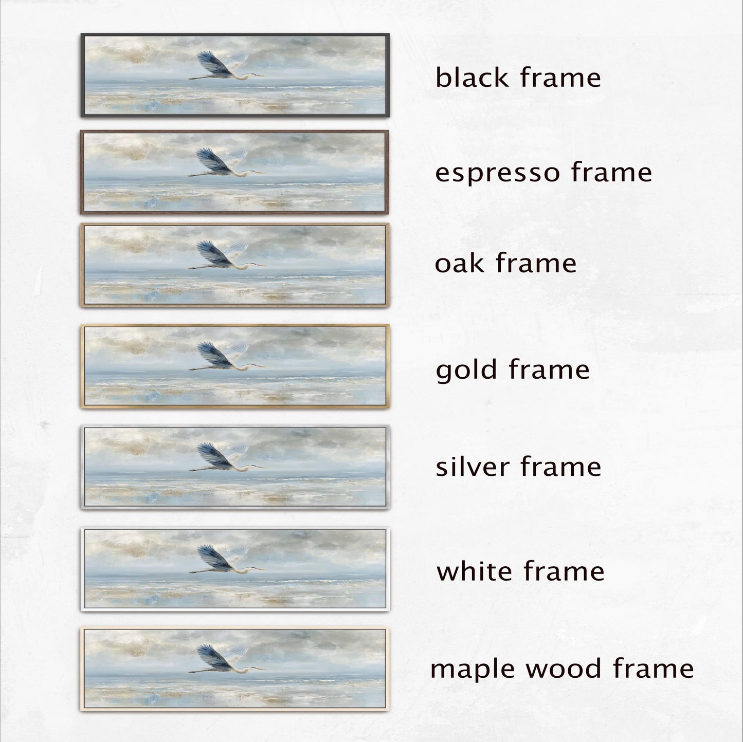 The image is a collage of six framed pictures, each with a different frame color and style. The frames include black, espresso, oak, gold, silver, and white frames. The images depict a bird in flight, with the bird appearing in various positions across the frames.