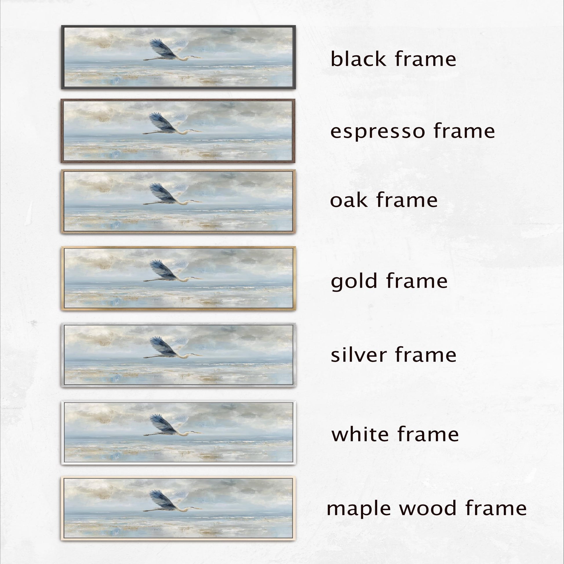The image is a collage of six framed pictures, each with a different frame color and style. The frames include black, espresso, oak, gold, silver, and white frames. The images depict a bird in flight, with the bird appearing in various positions across the frames.