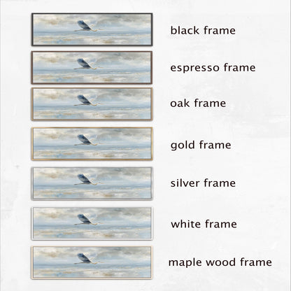 The image is a collage of six framed pictures, each with a different frame color and style. The frames include black, espresso, oak, gold, silver, and white frames. The images depict a bird in flight, with the bird appearing in various positions across the frames.