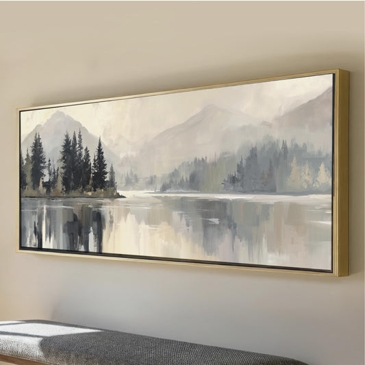 a large landscape painting depicting a serene mountain lake surrounded by trees.