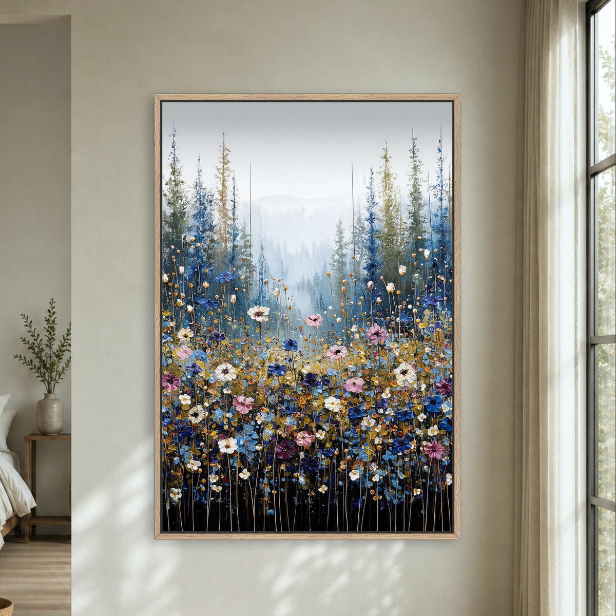Mountain Wildflower Meadow, Blue Landscape Wall Art, Pine Trees Floral Field Artwork, Vertical Framed Canvas Print