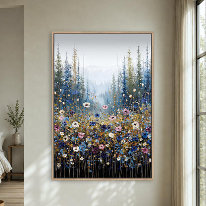 Mountain Wildflower Meadow, Blue Landscape Wall Art, Pine Trees Floral Field Artwork, Vertical Framed Canvas Print