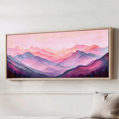 a large, framed painting of a mountainous landscape with a pink and purple color scheme.