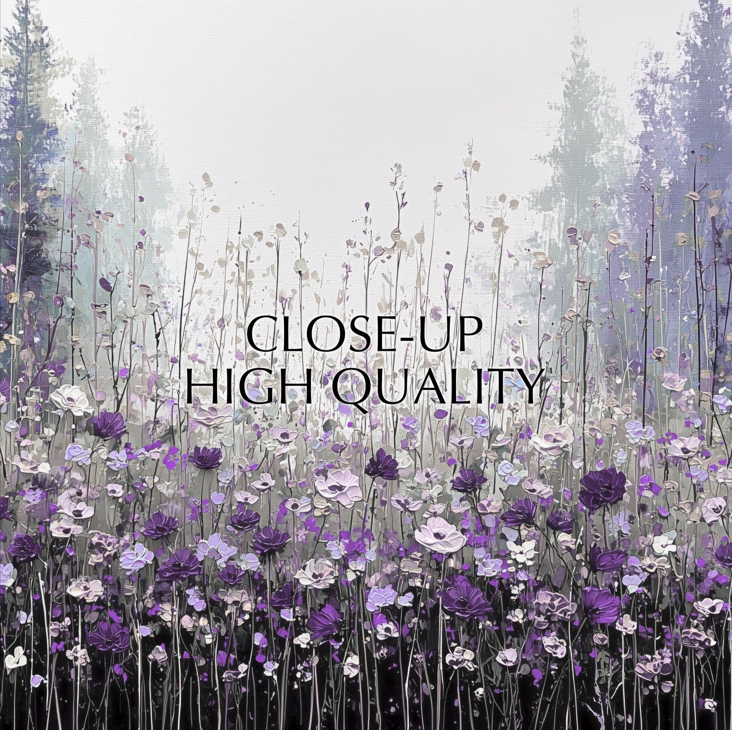 a close-up of a field of purple flowers, with the text "CLOSE-UP HIGH QUALITY" overlaid on the scene.