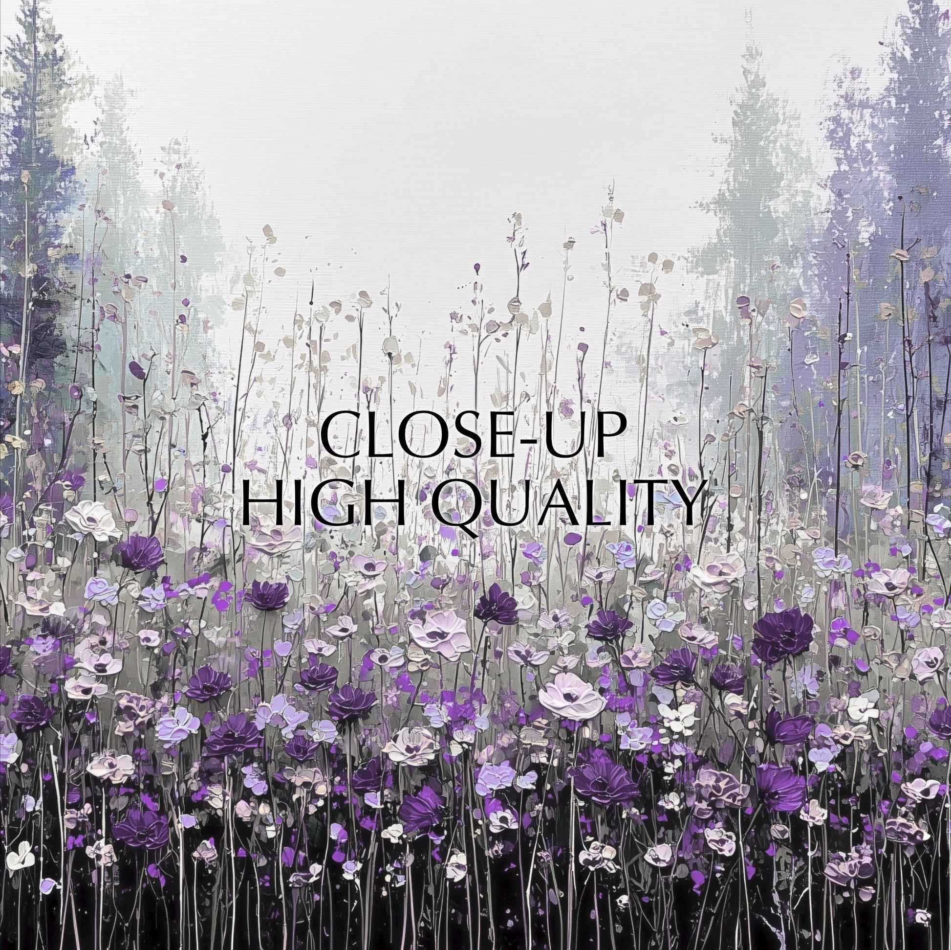 a close-up of a field of purple flowers, with the text "CLOSE-UP HIGH QUALITY" overlaid on the scene.