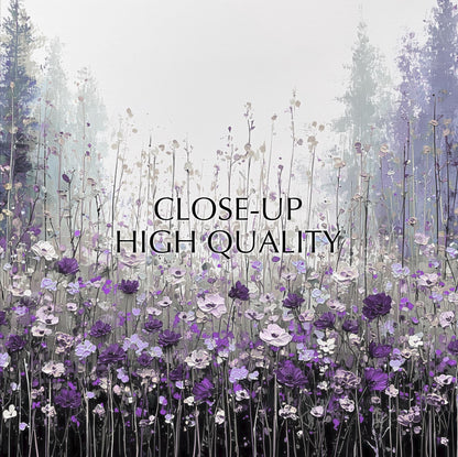 a close-up of a field of purple flowers, with the text "CLOSE-UP HIGH QUALITY" overlaid on the scene.