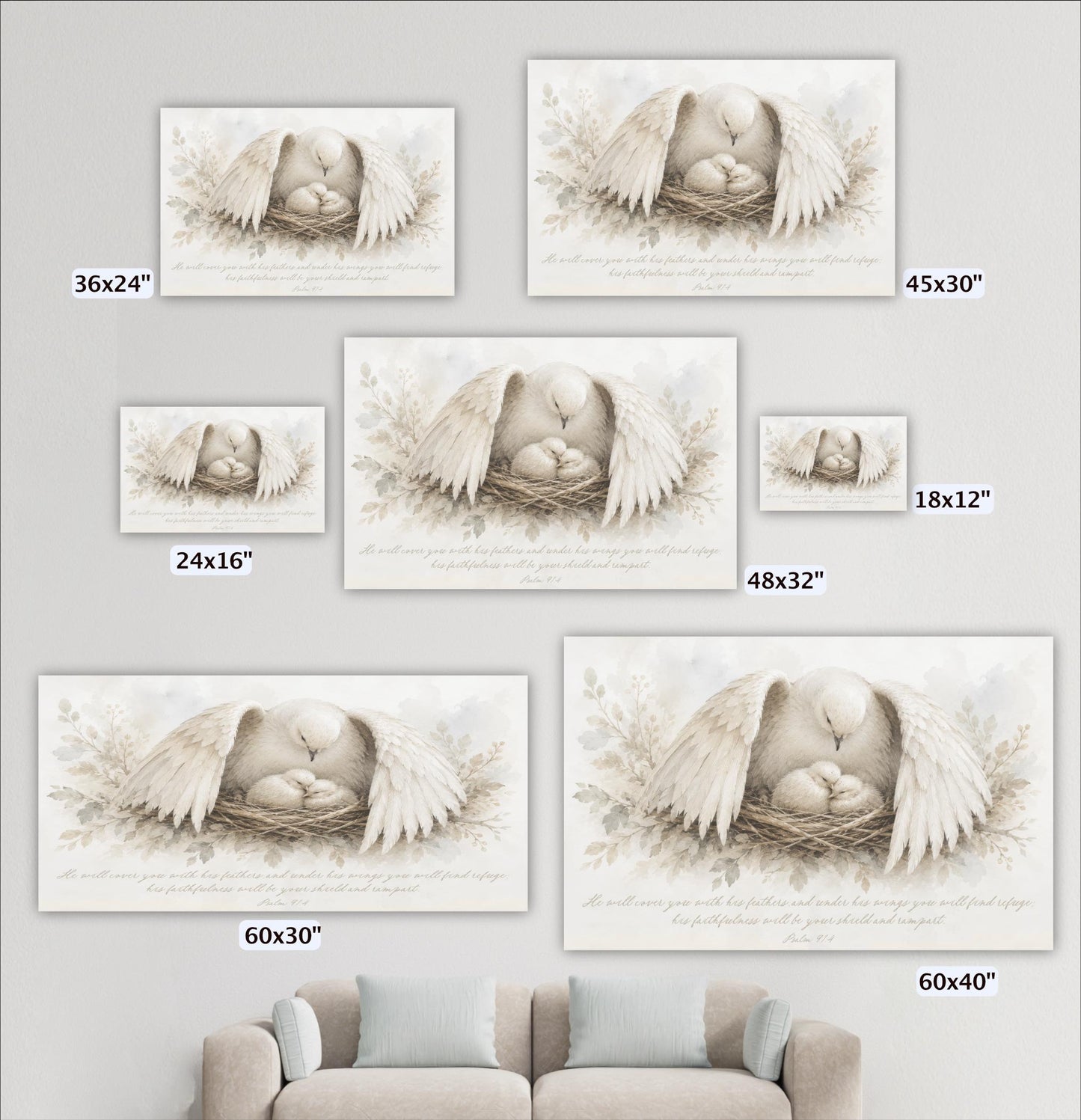 a series of framed artworks depicting a pair of birds in a nest, with varying sizes and orientations. The artworks are arranged on a wall, and there is a couch in the background.