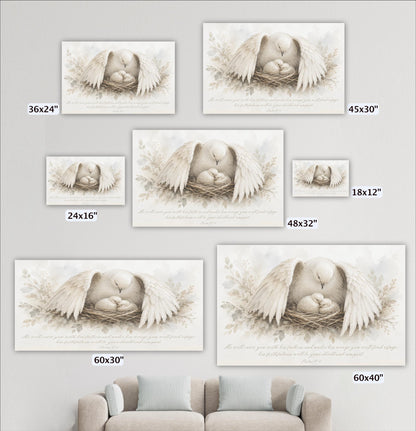 a series of framed artworks depicting a pair of birds in a nest, with varying sizes and orientations. The artworks are arranged on a wall, and there is a couch in the background.