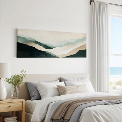 a serene bedroom scene with a large bed, a nightstand, and a painting of mountains hanging on the wall.