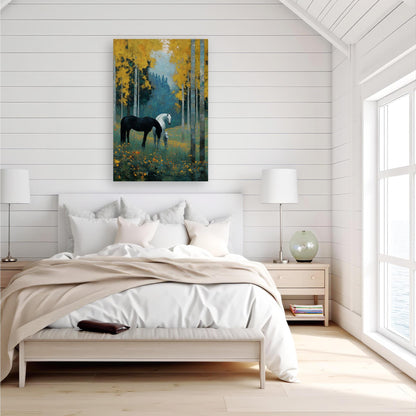 a serene bedroom scene with a large bed, white bedding, and a painting of a horse in a field of flowers hanging above it.