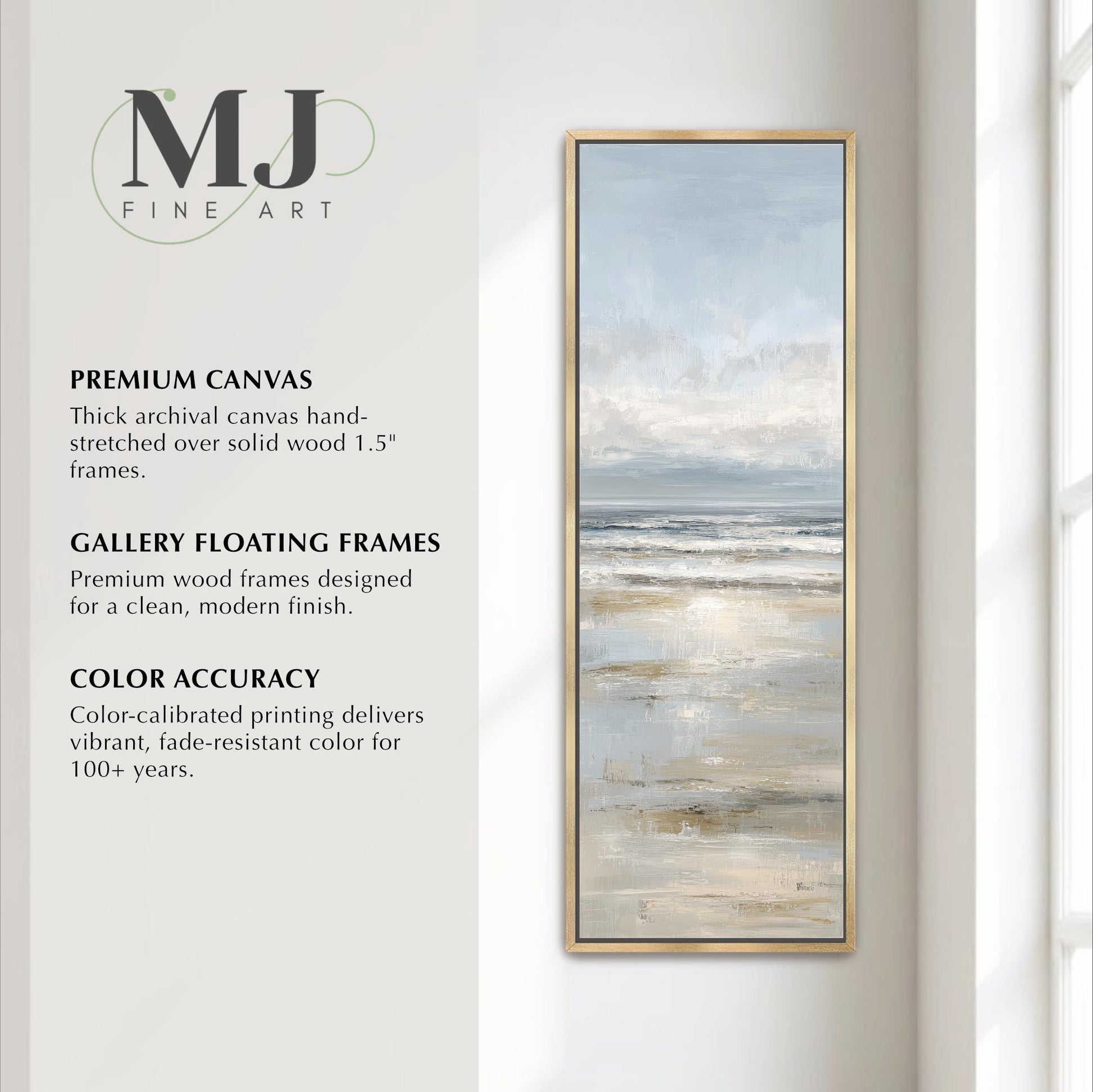 The image is a promotional poster for MJ Fine Art, featuring a painting of a beach scene with a cloudy sky. The poster highlights the premium quality of the artwork, including the use of high-quality materials and the artist's expertise.