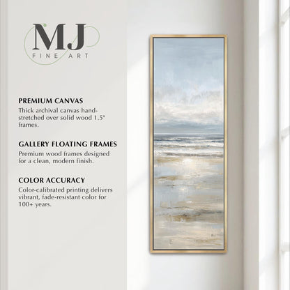 The image is a promotional poster for MJ Fine Art, featuring a painting of a beach scene with a cloudy sky. The poster highlights the premium quality of the artwork, including the use of high-quality materials and the artist's expertise.