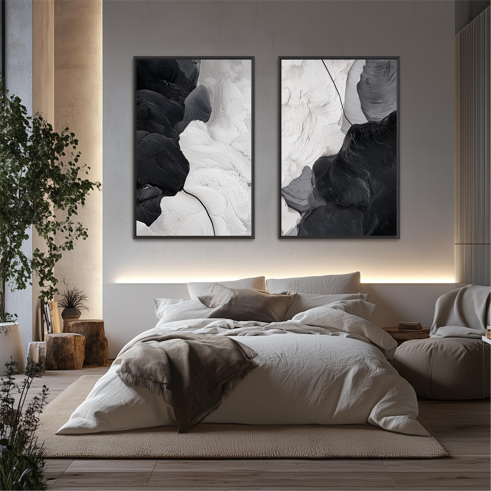 a modern bedroom with a large bed, a wooden headboard, and two abstract paintings hanging on the wall above the bed.
