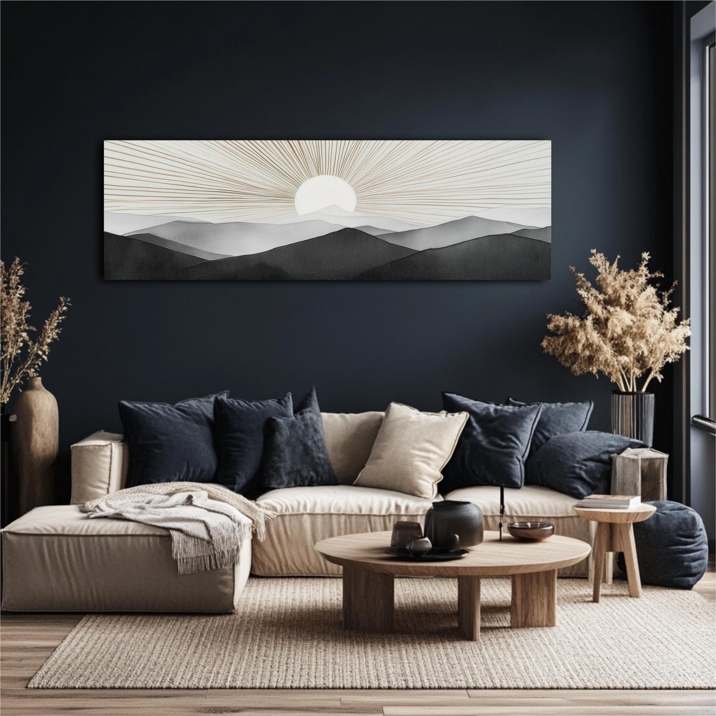 a modern living room with a large wall art piece depicting a serene landscape of mountains and a sun. The room is furnished with a beige sofa, a wooden coffee table, and a potted plant, creating a cozy and inviting atmosphere.