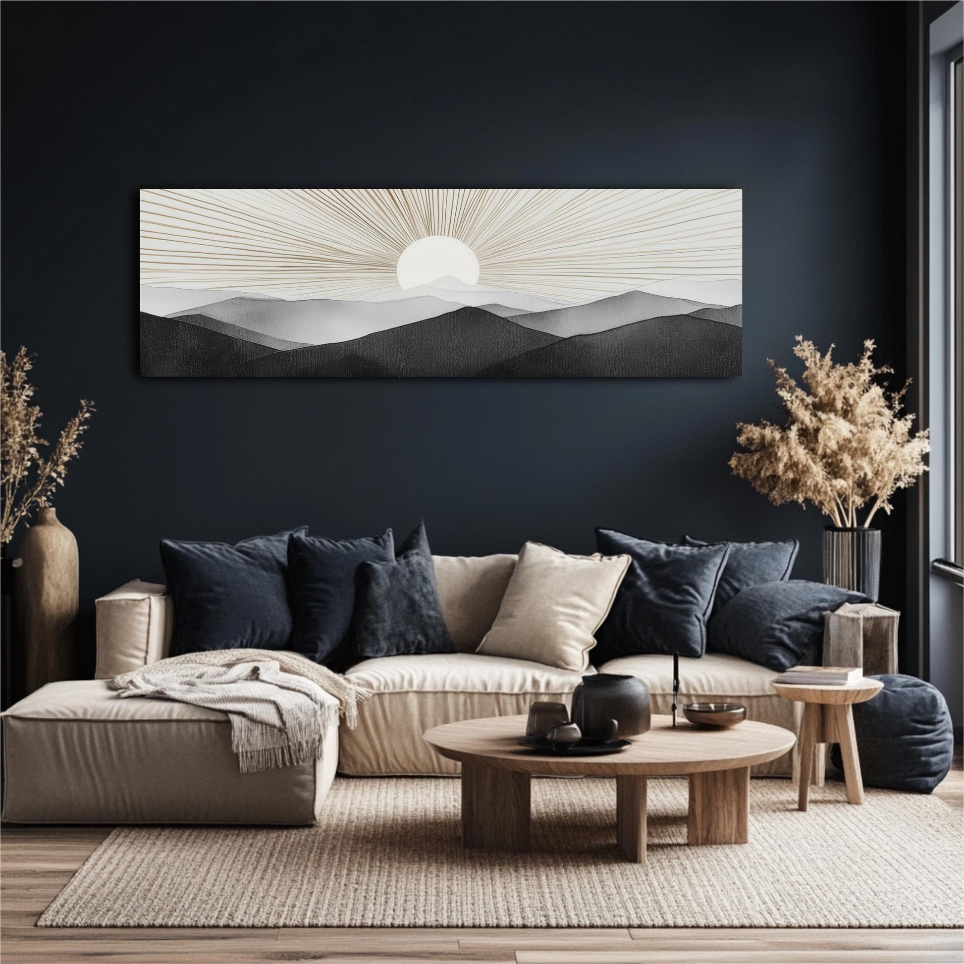 a modern living room with a large wall art piece depicting a serene landscape of mountains and a sun. The room is furnished with a beige sofa, a wooden coffee table, and a potted plant, creating a cozy and inviting atmosphere.