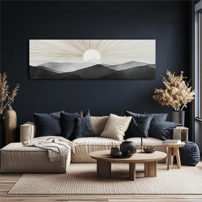a modern living room with a large wall art piece depicting a serene landscape of mountains and a sun. The room is furnished with a beige sofa, a wooden coffee table, and a potted plant, creating a cozy and inviting atmosphere.