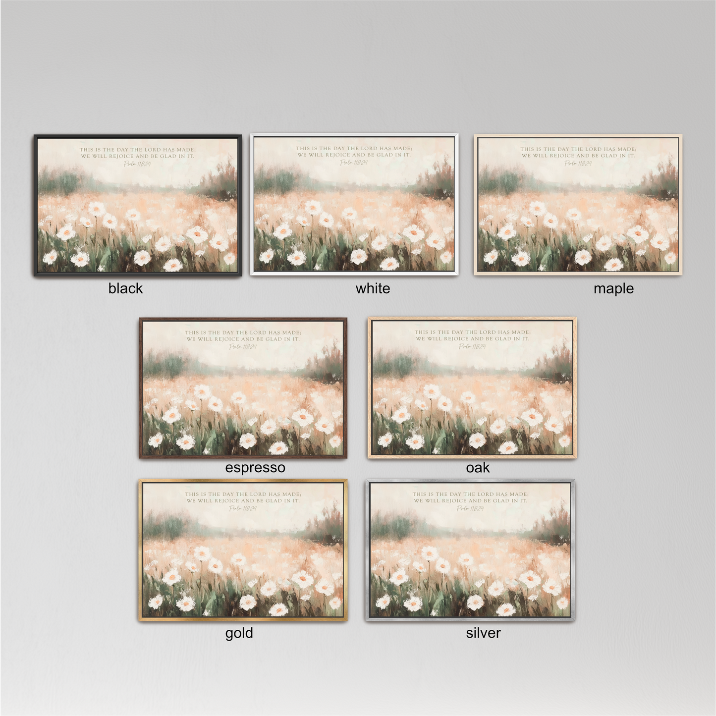 six framed pictures of a field of flowers, each with a different color and frame style.
